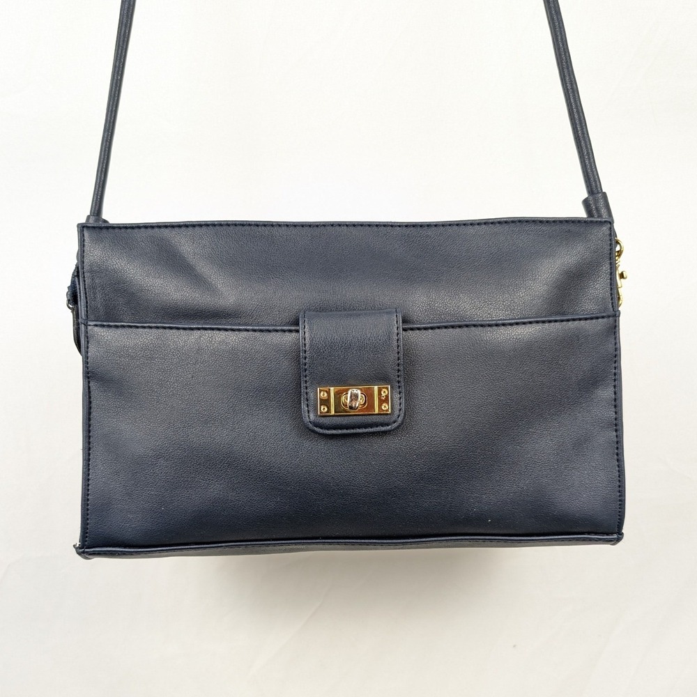 Y2K Navy Blue Gold‎ Leather Crossbody Bag Turn Lock Portofino Austin Designs